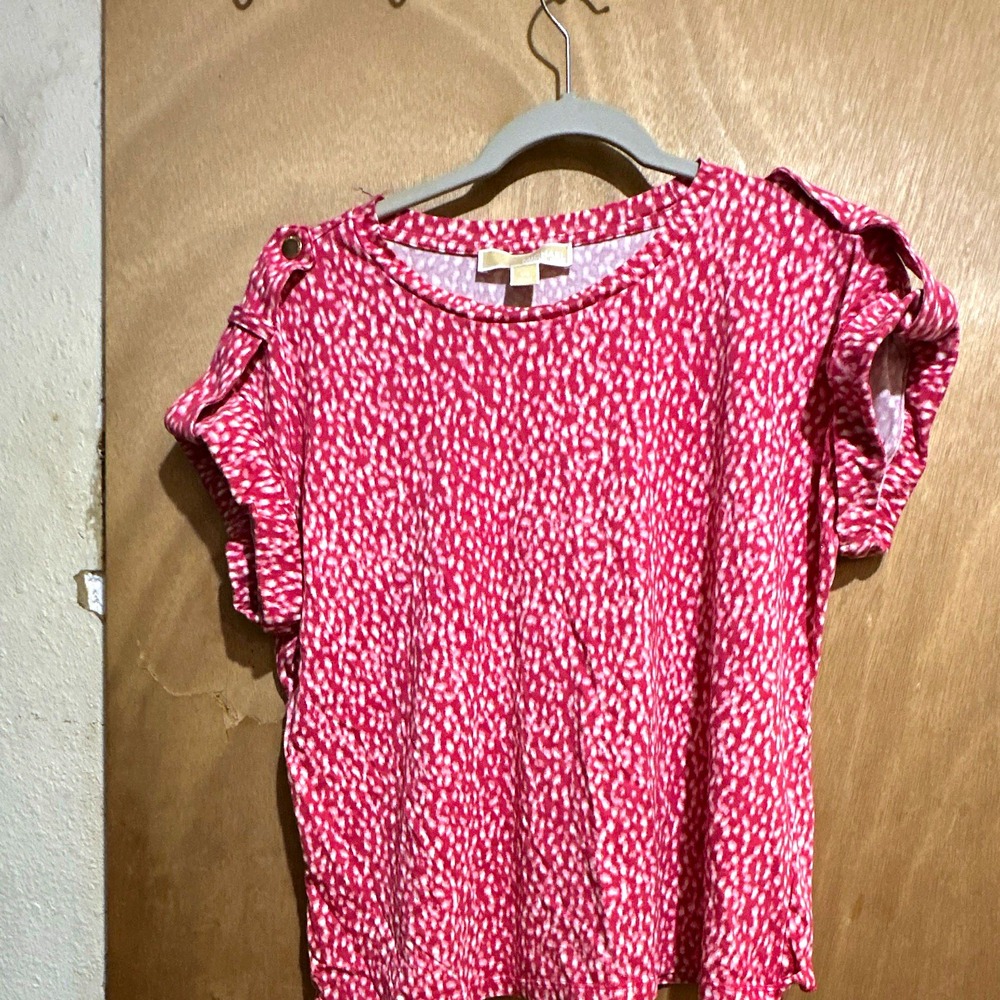 Michael Kors Womens Animal Print Knit T-Shirt Pink White Cap Sleeve Sz L